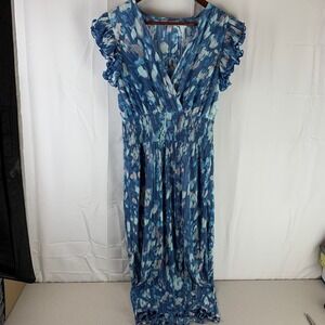 Chelsea 28 Maxi Dress Womens Medium Blue Abstract Floral Pleated Ruffle Sleeve